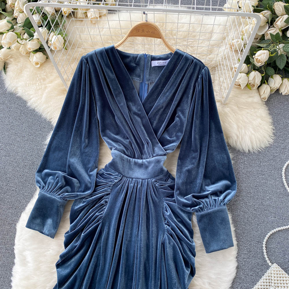 V-neck Waist Velvet Dress