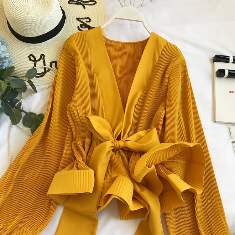 V-neck Pleated Tie Bow Ruffled Chiffon Shirt