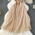 Vintage Floral Embroidered Pleated Dress