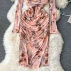 V-neck Pleated Tie-dye Printed Dress