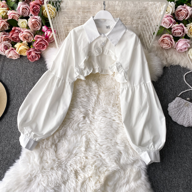 A-line Skirt And Lantern Sleeve Short Shirt Two-piece Suit