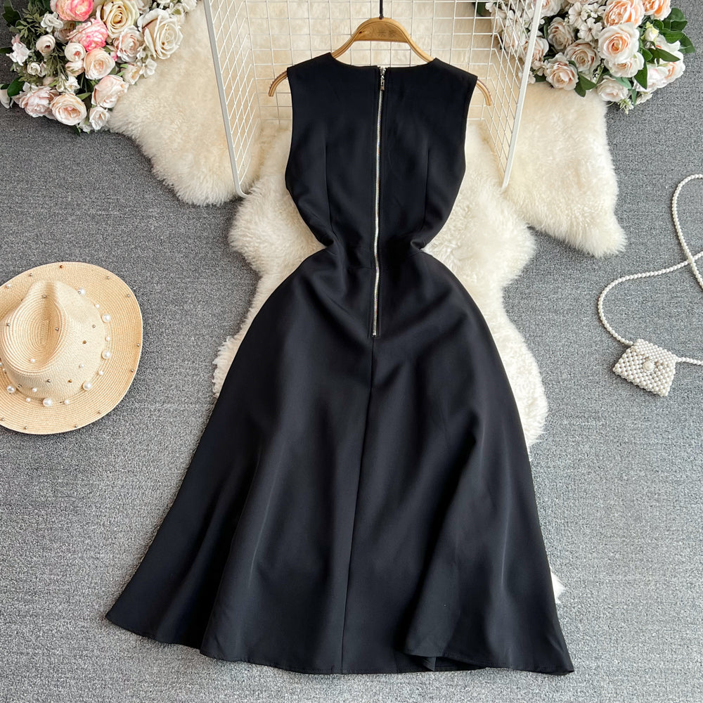 Vintage A-line Floral Ribbon Black Dress
