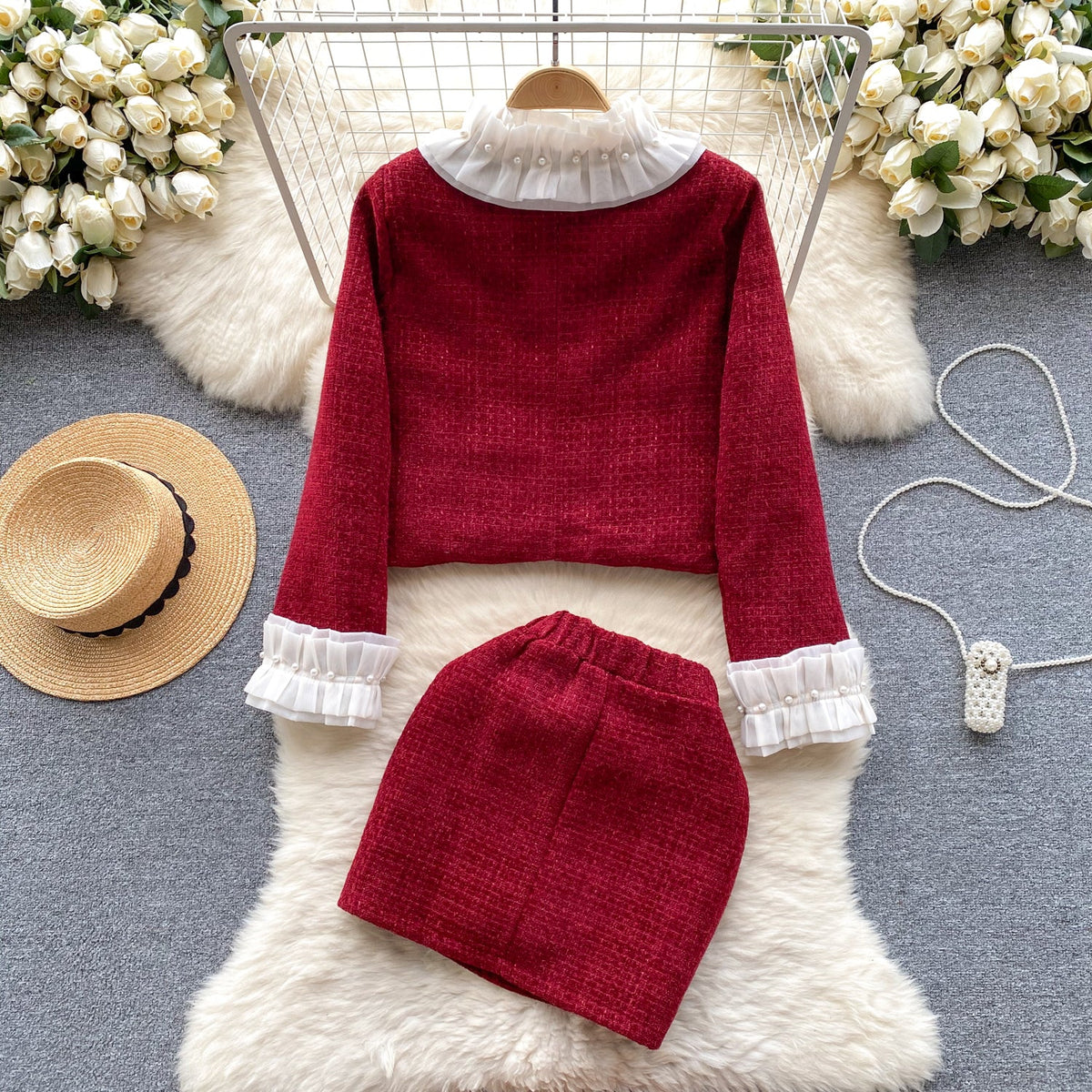 Lace Collar Camisole&Skirt 2Pcs