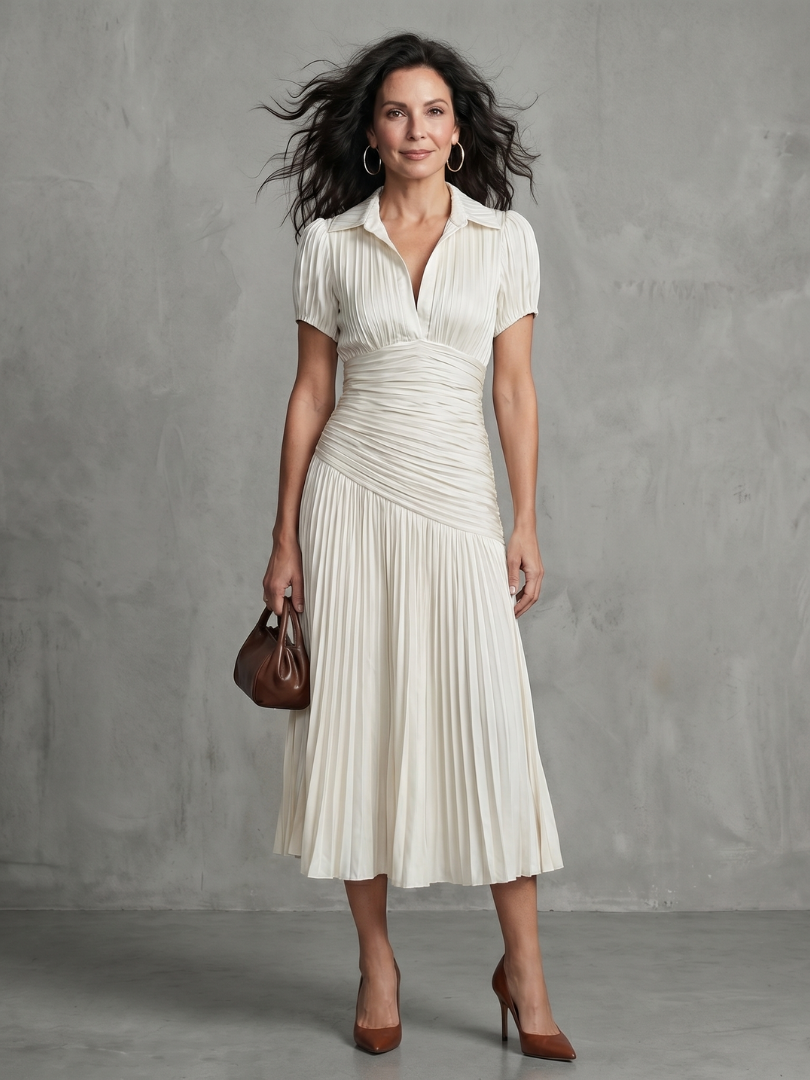 Pleated-Waist Vertical Stripe Midi Dress