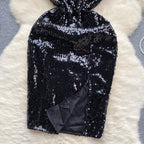 Sequined Mesh Halter Black Dress