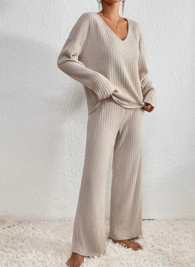 Camila | Ribbed V-Neck Top & Wide-Leg Pant Set