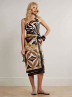 Brown Swirl Print One-Shoulder Ring-Detail One-Piece Swimsuit