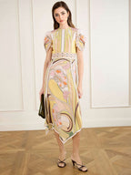 Elegant Vintage Floral Print Puff Sleeve Asymmetric Hem Midi Dress