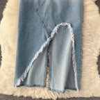 Vintage Irregular Design Fur-hem Denim Skirt