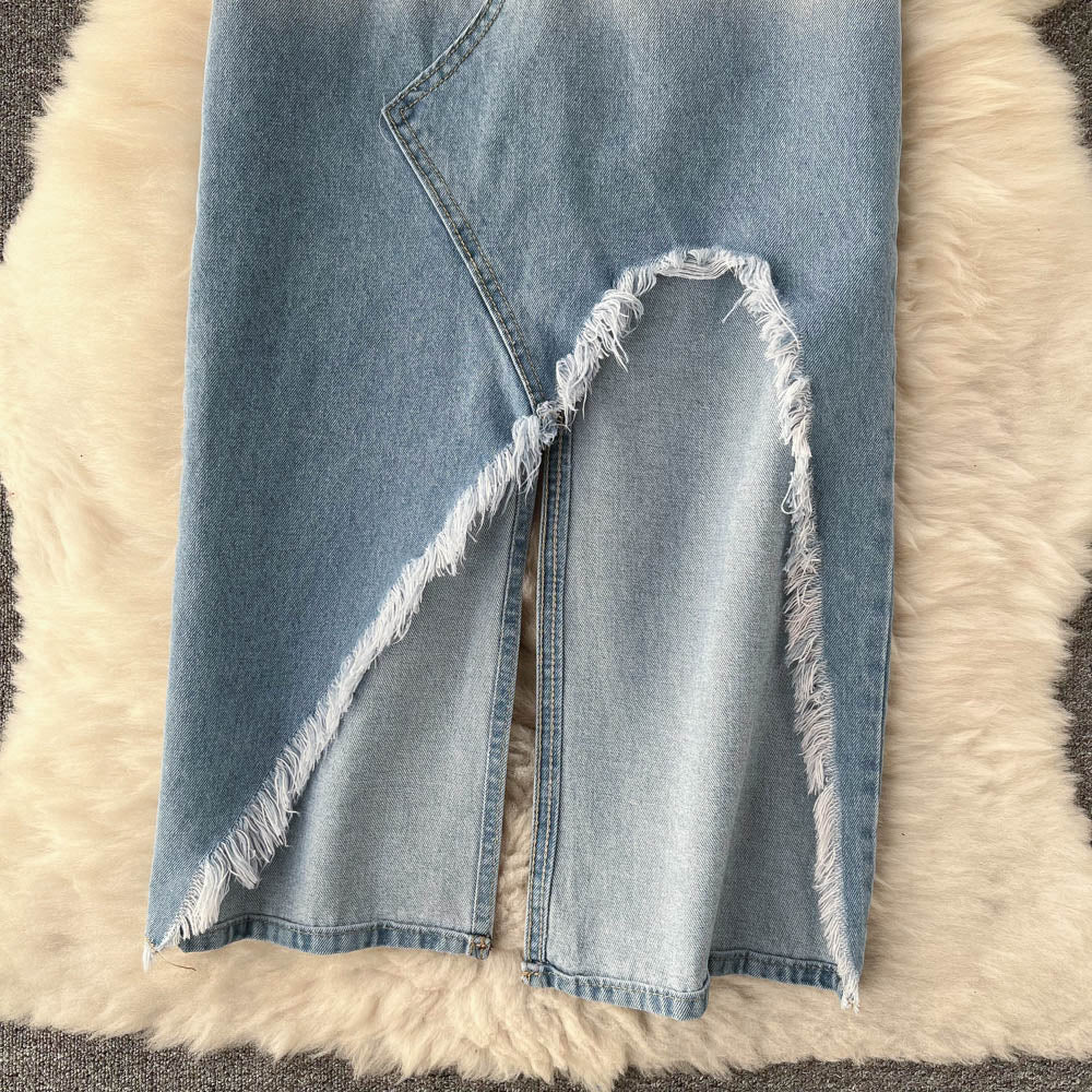 Vintage Irregular Design Fur-hem Denim Skirt