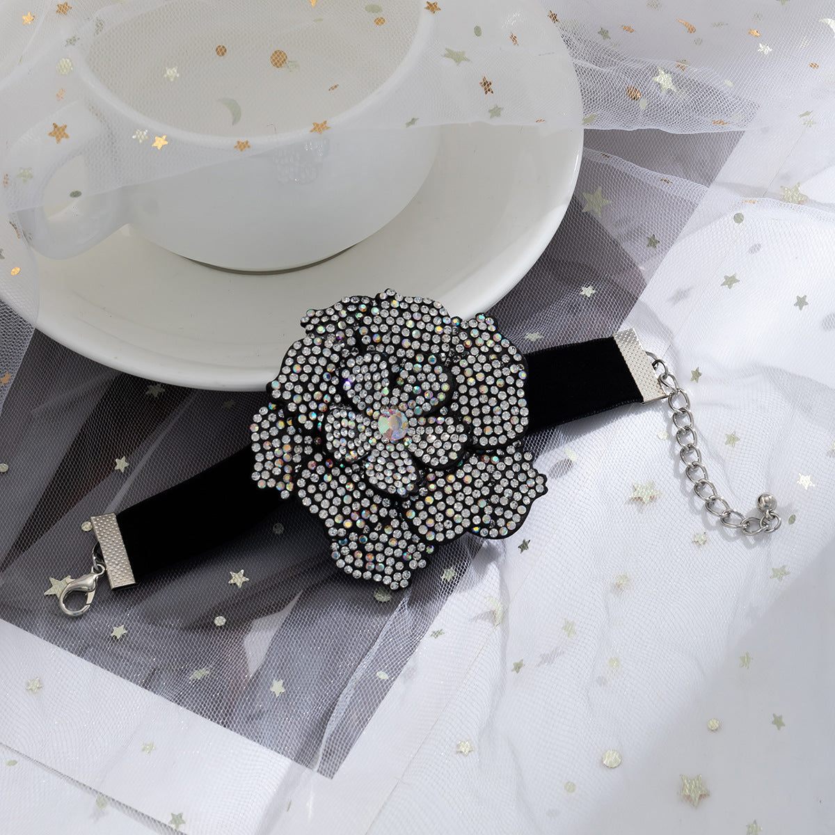 Full Rhinestone Flower Choker&Bracelet