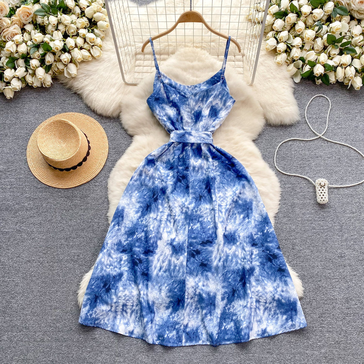 Bow-tie Tie-dye Floral Slip Dress