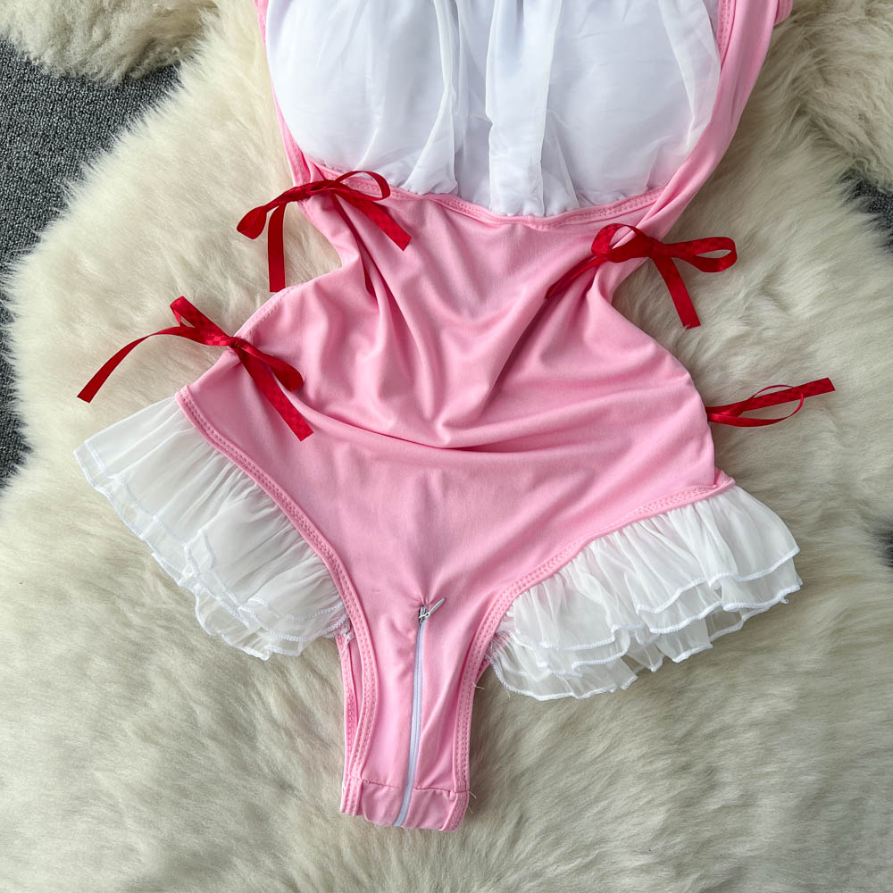Sweet Pink Ruffle Mesh High-cut Jumpsuit