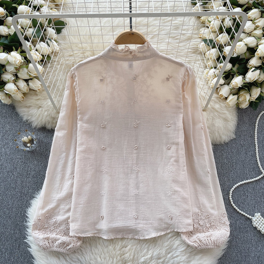 Flared Sleeve Solid Color Embroidered Shirt