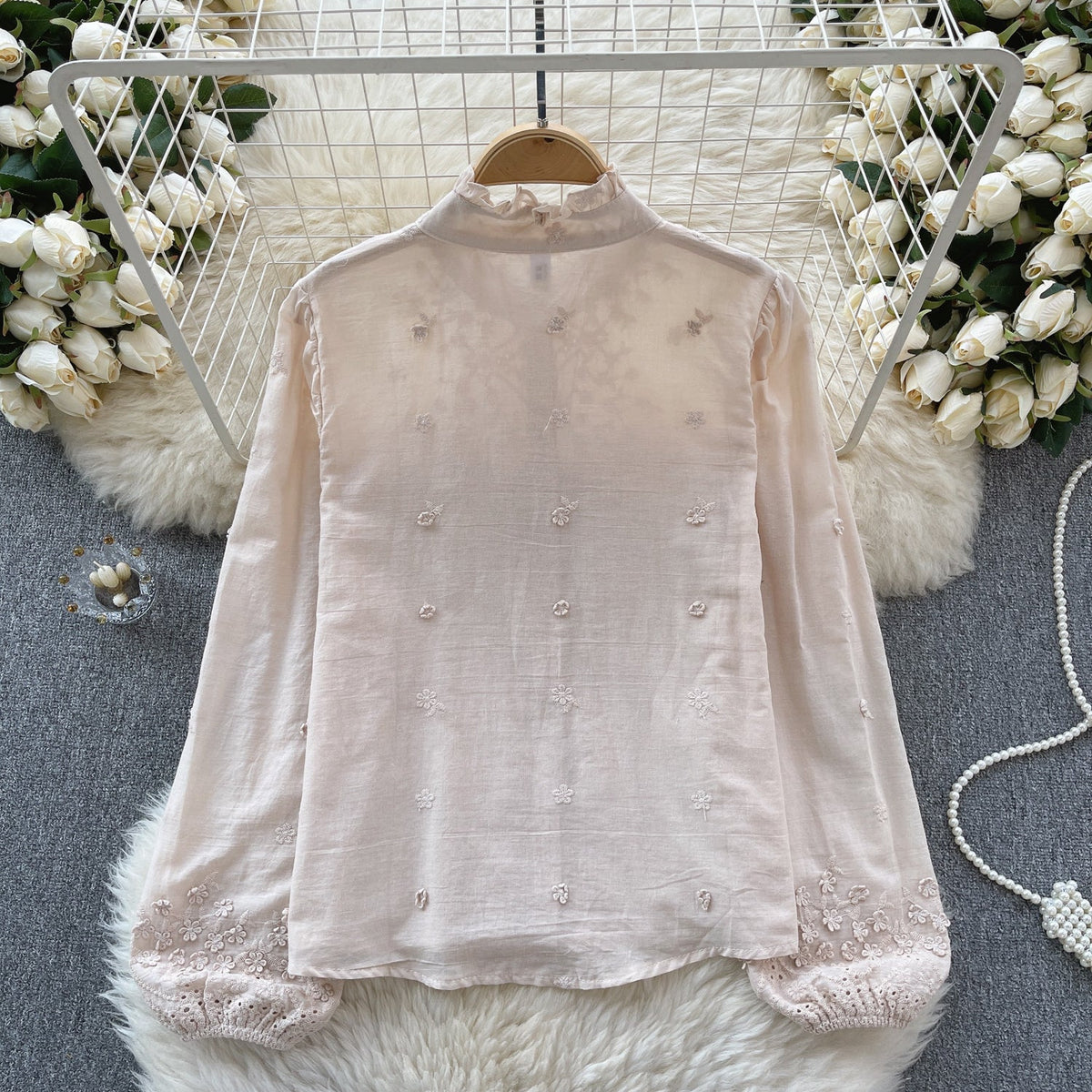 Flared Sleeve Solid Color Embroidered Shirt