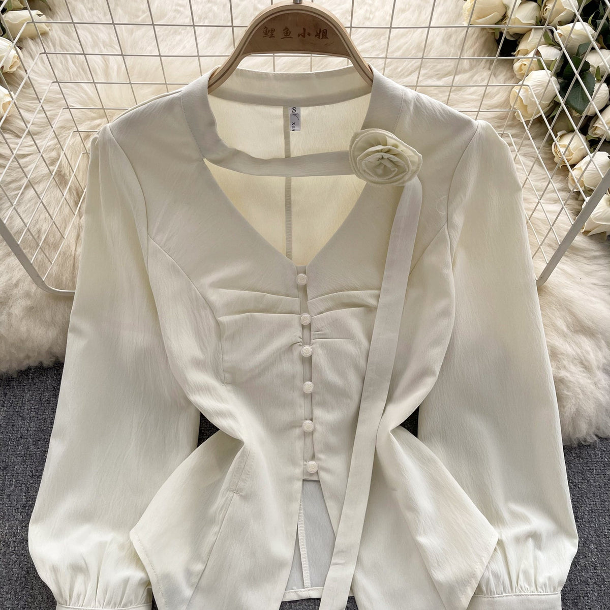 3d Floral Lace-up Pleated Shirt