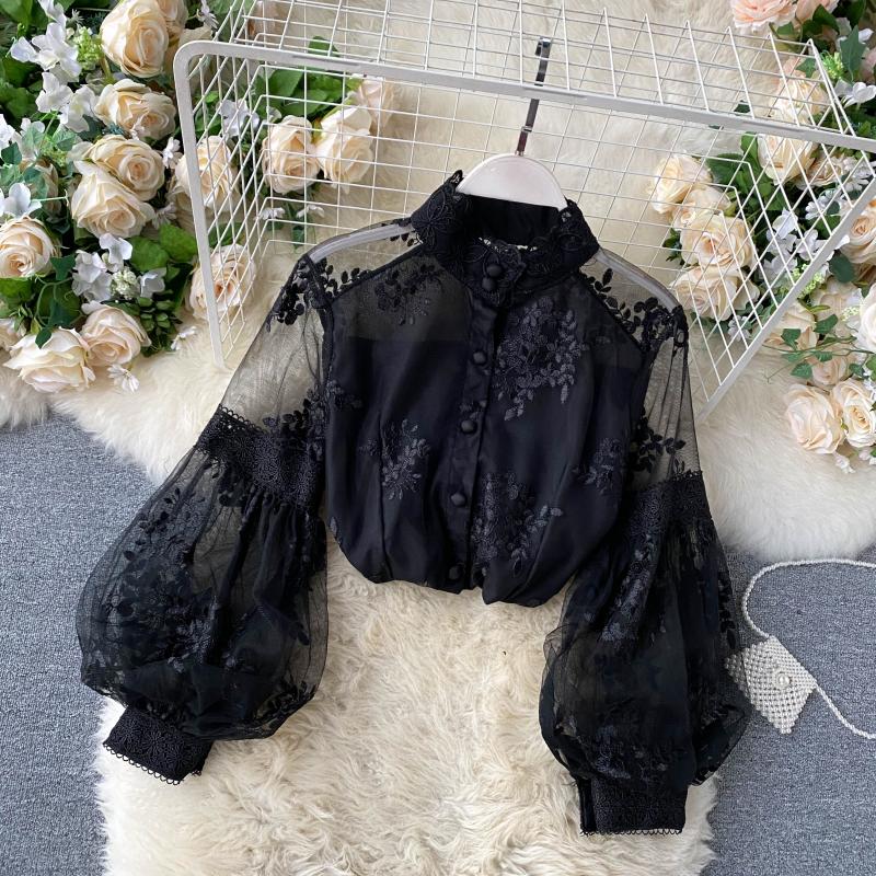 Mesh Lace Embroidered Puff Sleeve Shirt