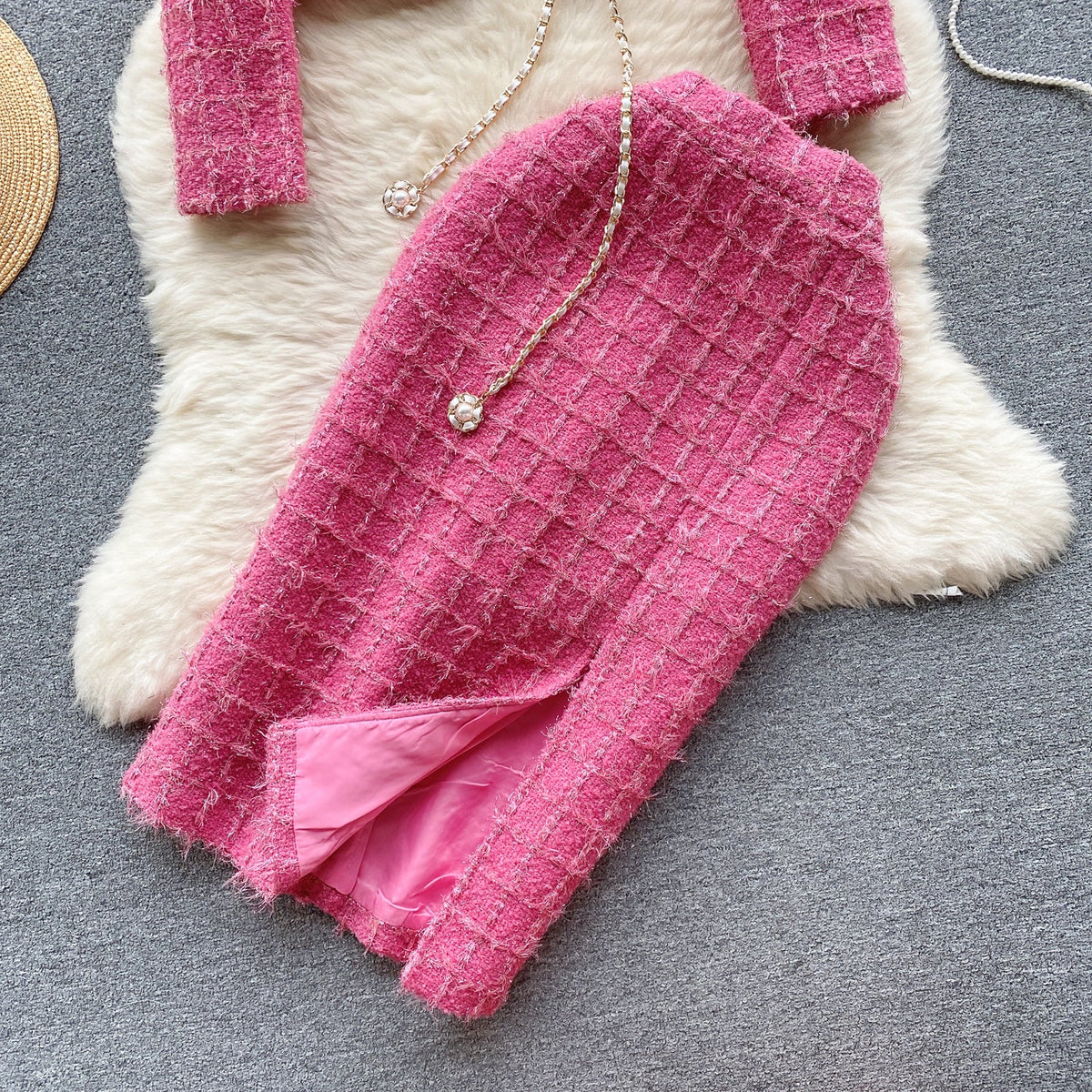 Cardigan&Skirt Plaid Tweed 2Pcs Set