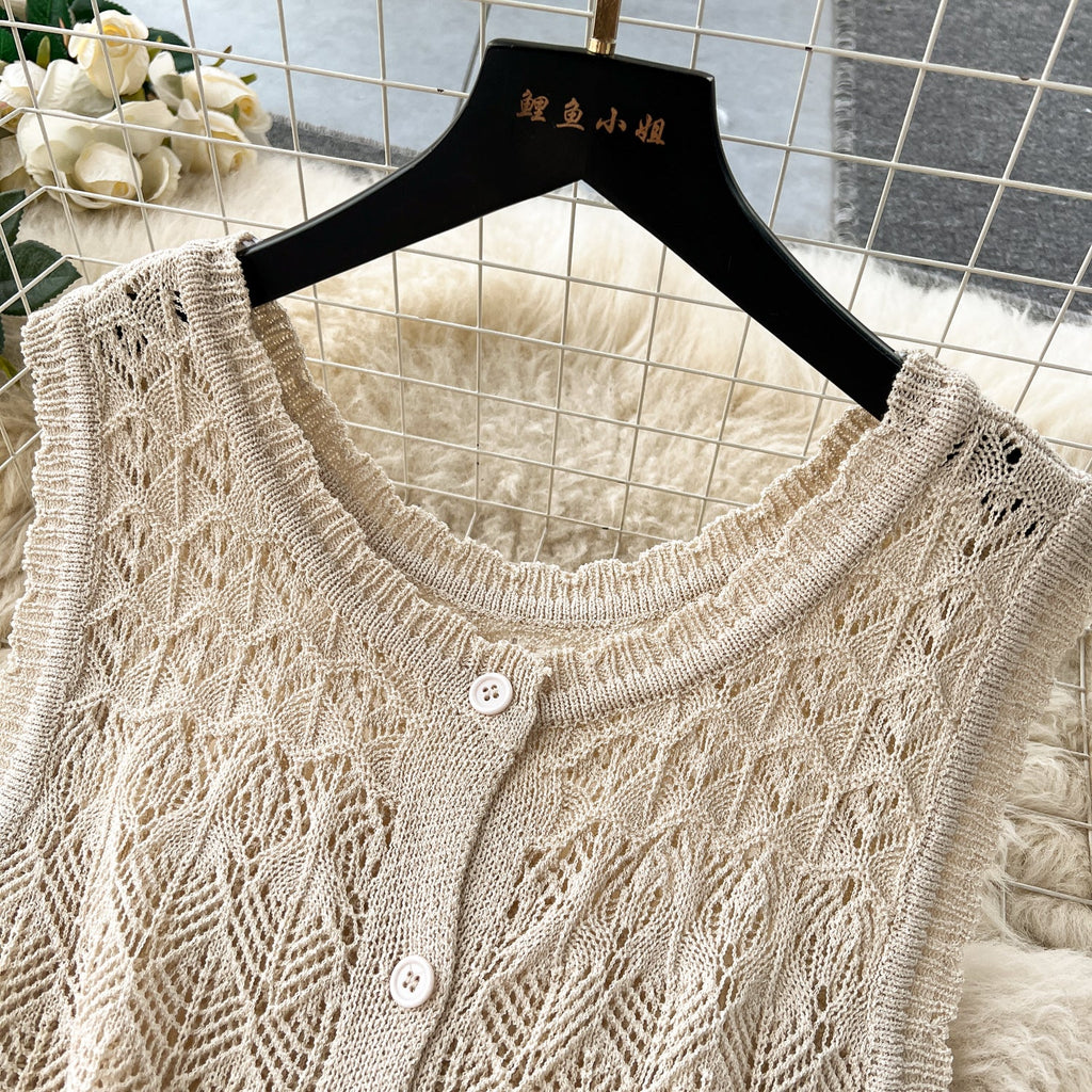 Crochet Sleeveless Cardigan&Trousers Knitted 2Pcs