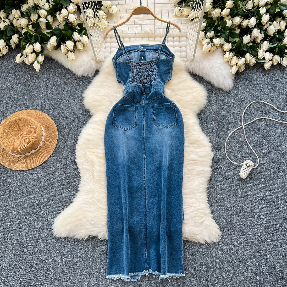 Vintage Denim Split Slip Dress