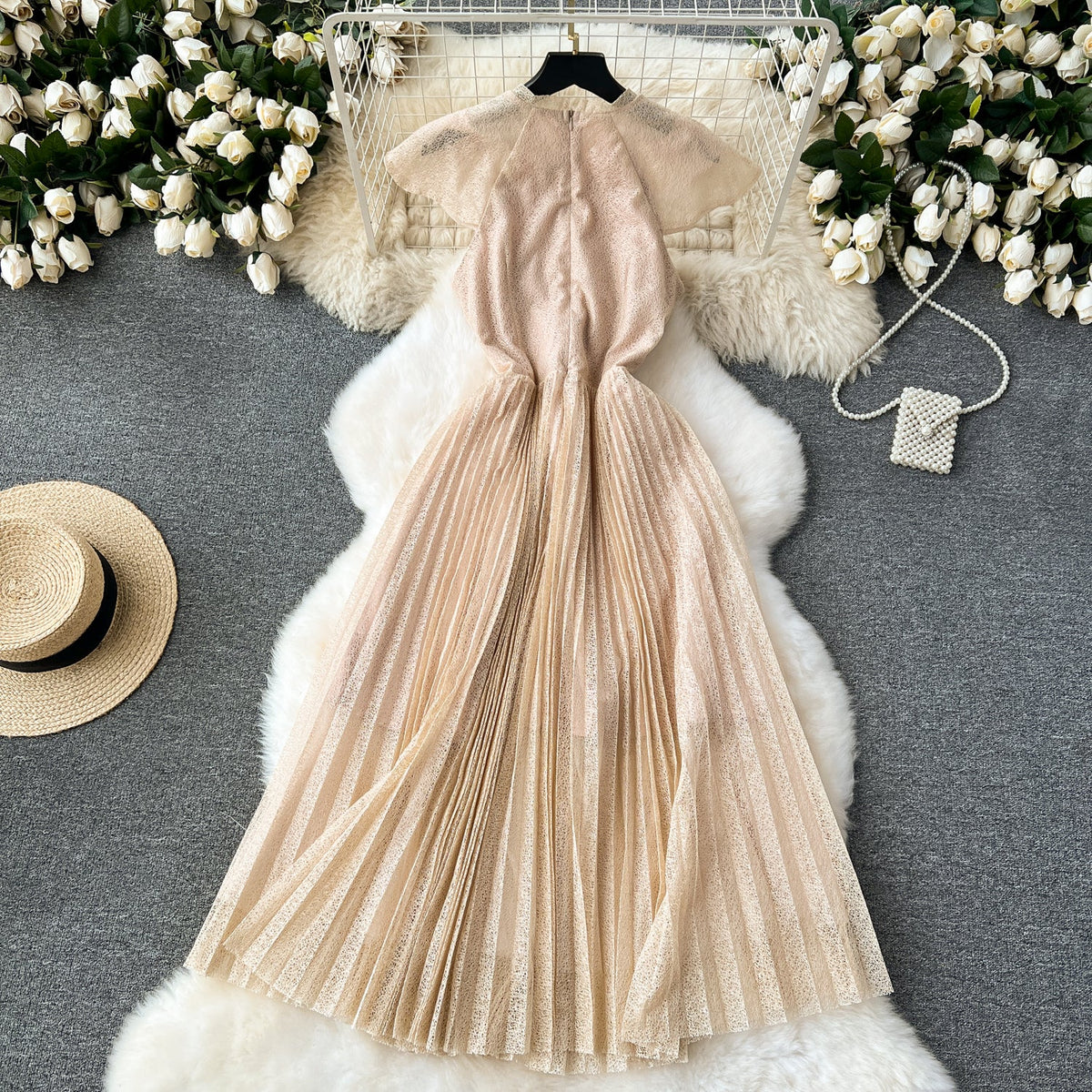 Vintage Floral Embroidered Pleated Dress