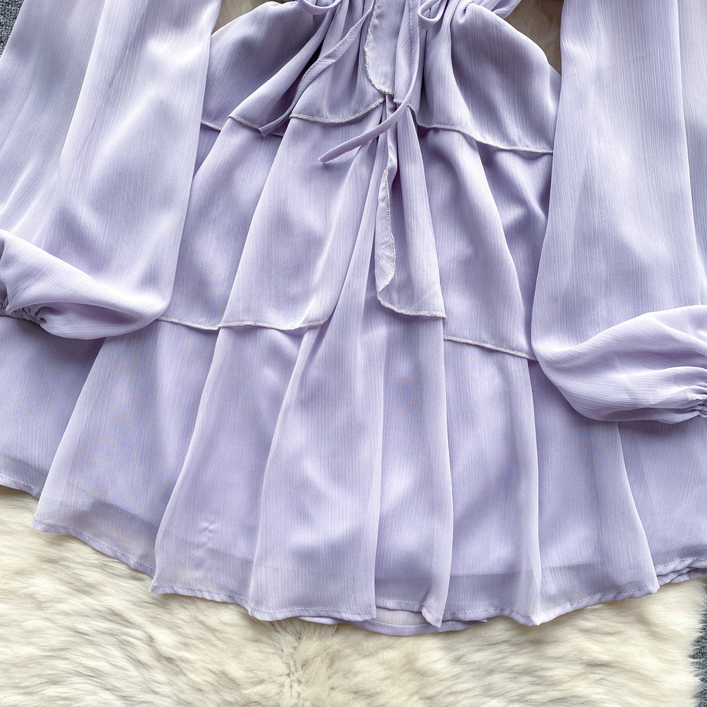 V-neck Beaded Ruffled Chiffon Dress