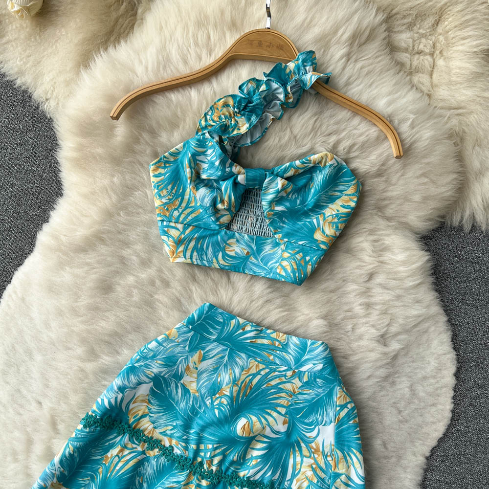 Printed Halter Top&Skirt 2Pcs Set