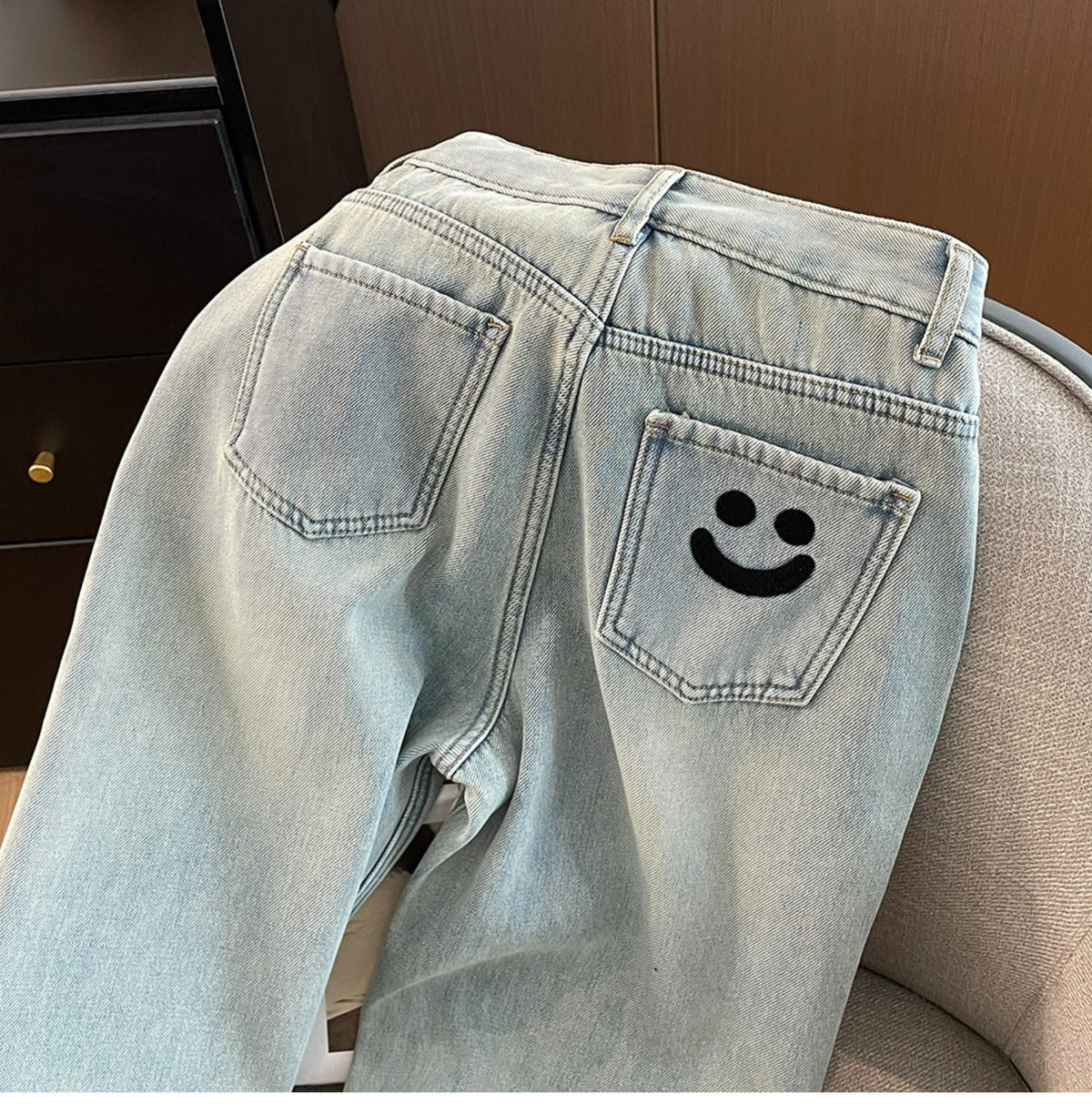 Smiley Embroidered Padded Jeans