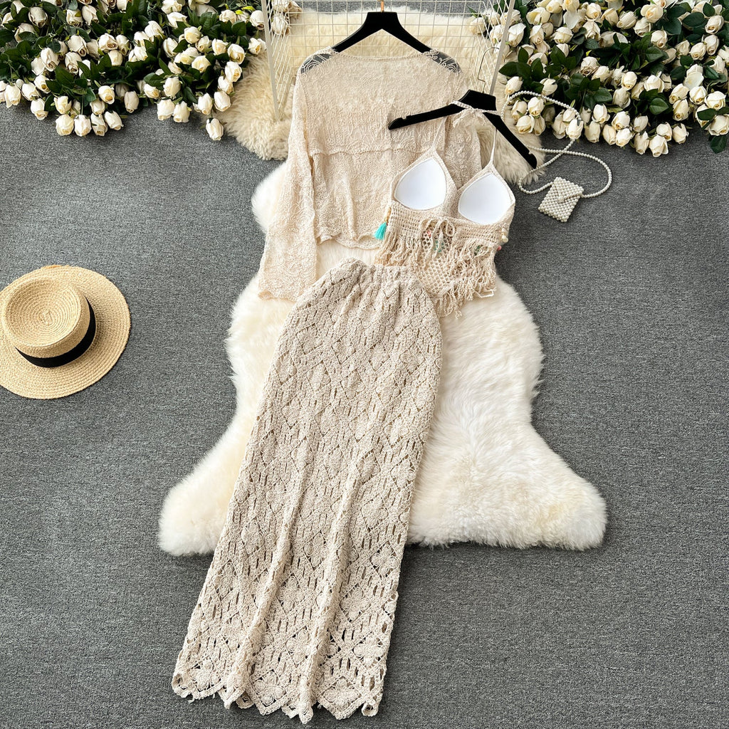 Cardigan&Camisole&Skirt Hollowed 3Pcs