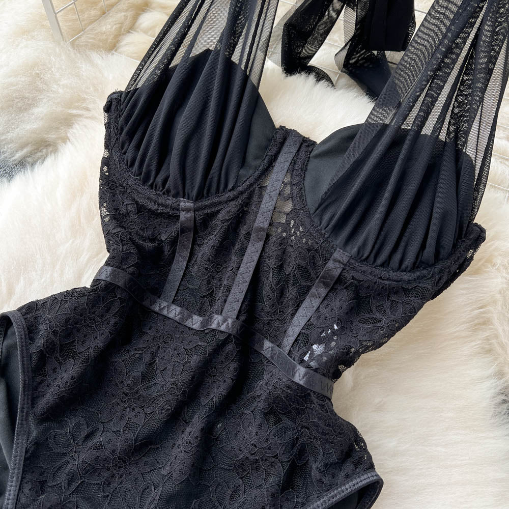 Vintage Mesh Lace-up Black Jumpsuit