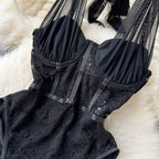 Vintage Mesh Lace-up Black Jumpsuit