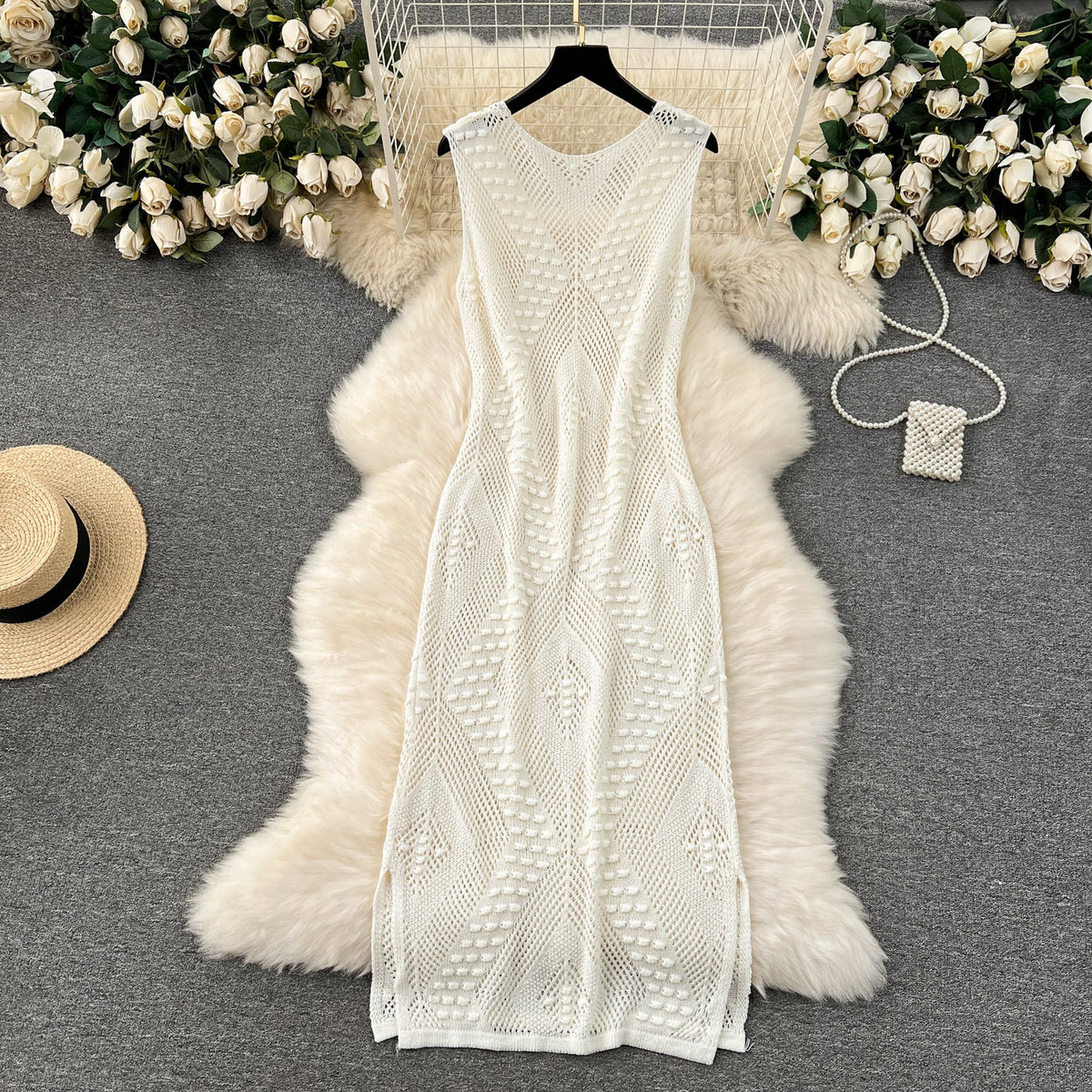 V-neck Hollowed Knitted White Dress