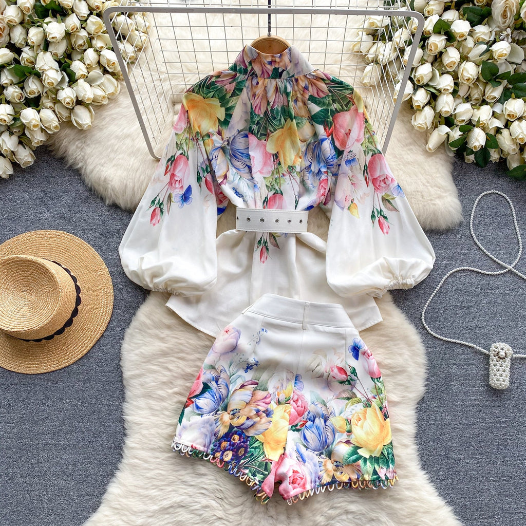 Courtly Floral Printed Shirt&Shorts 2Pcs