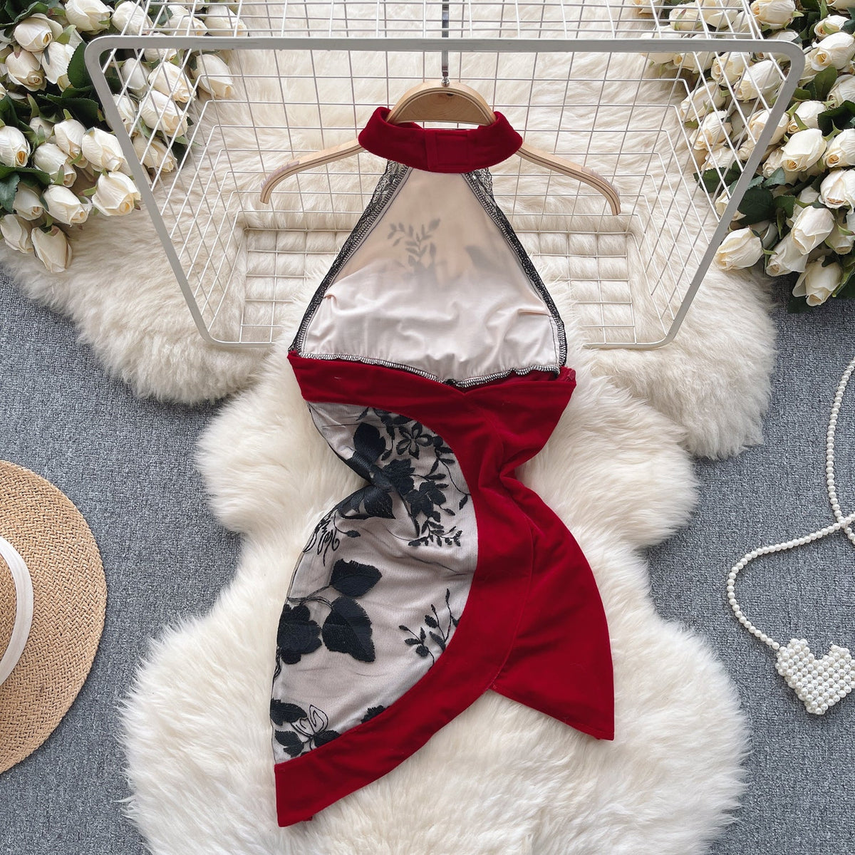 Floral Embroidery Mesh Cheongsam Dress