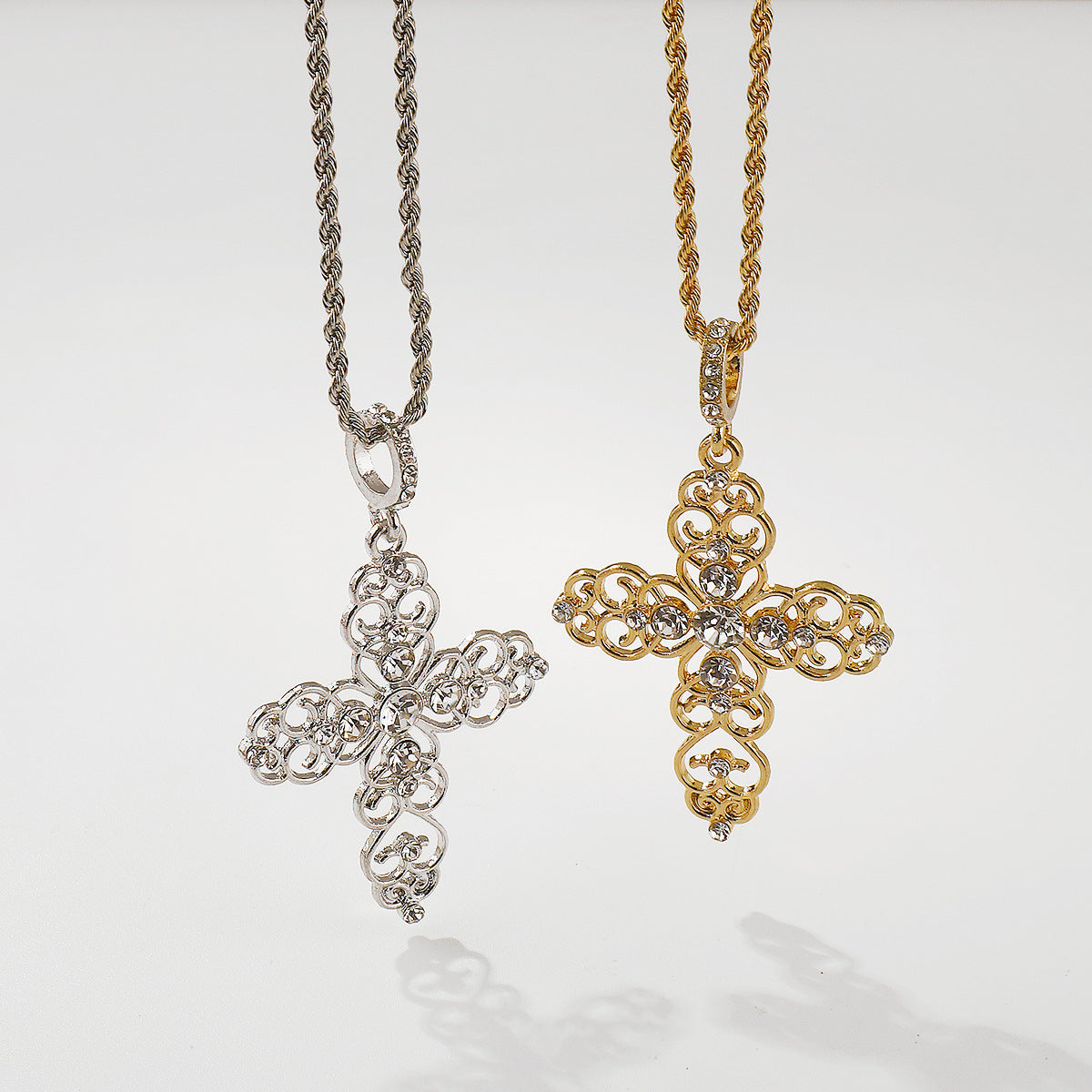 Skeletonized Rhinestone Cross Necklace&Earrings