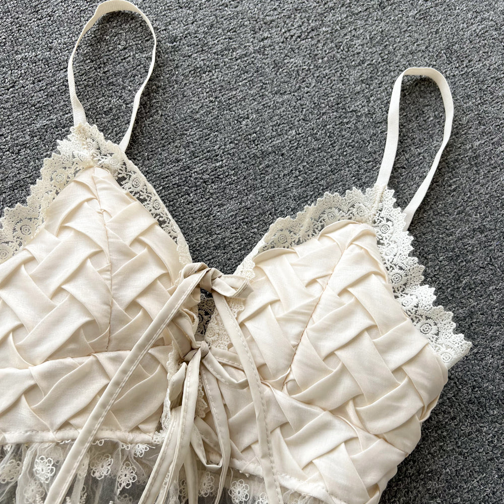 Sweet Lace V-neck Woven Pattern Top