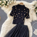 Beaded Knitted Top&Mesh Skirt 2Pcs