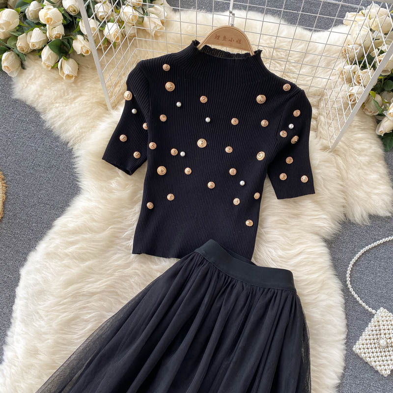 Beaded Knitted Top&Mesh Skirt 2Pcs