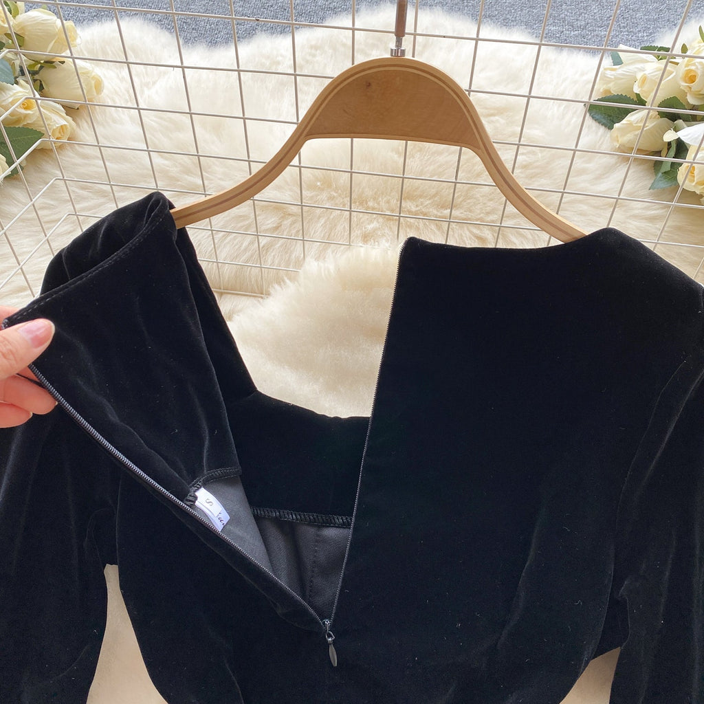 Vintage Square Collar Suede Black Dress