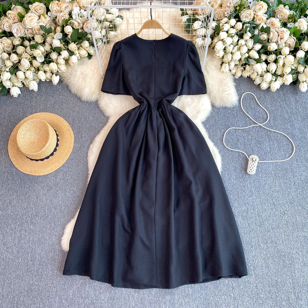 French Style Heart Buttons Black Dress