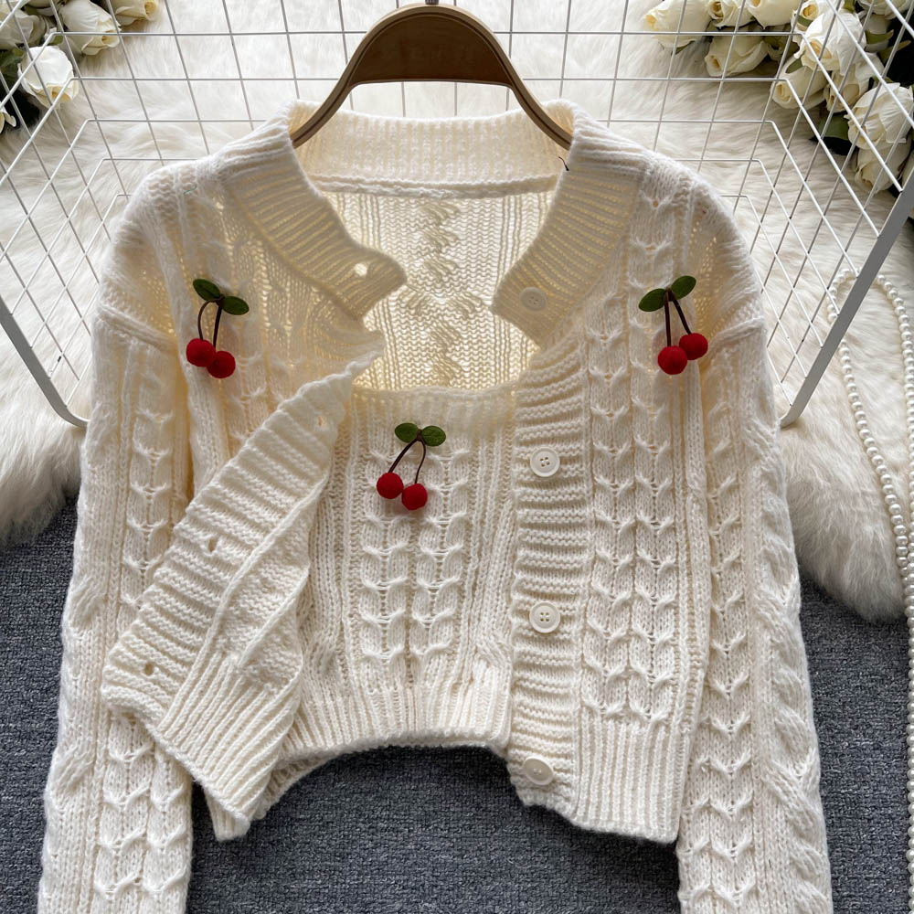 Cherry Knitted Cardigan&Camisole 2Pcs Set