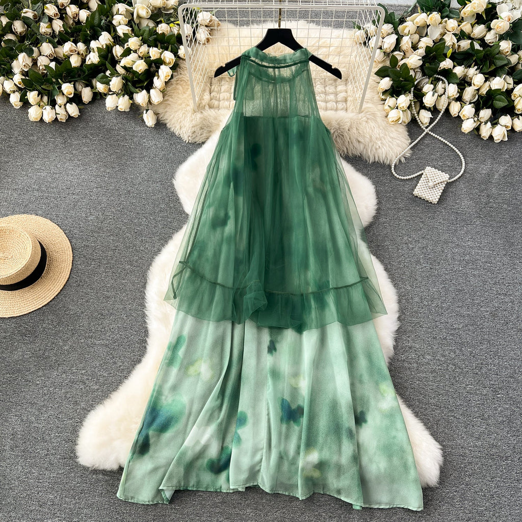 Fairy Green Mesh Loose-fit Halter Dress