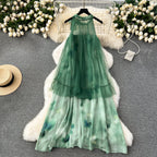 Fairy Green Mesh Loose-fit Halter Dress