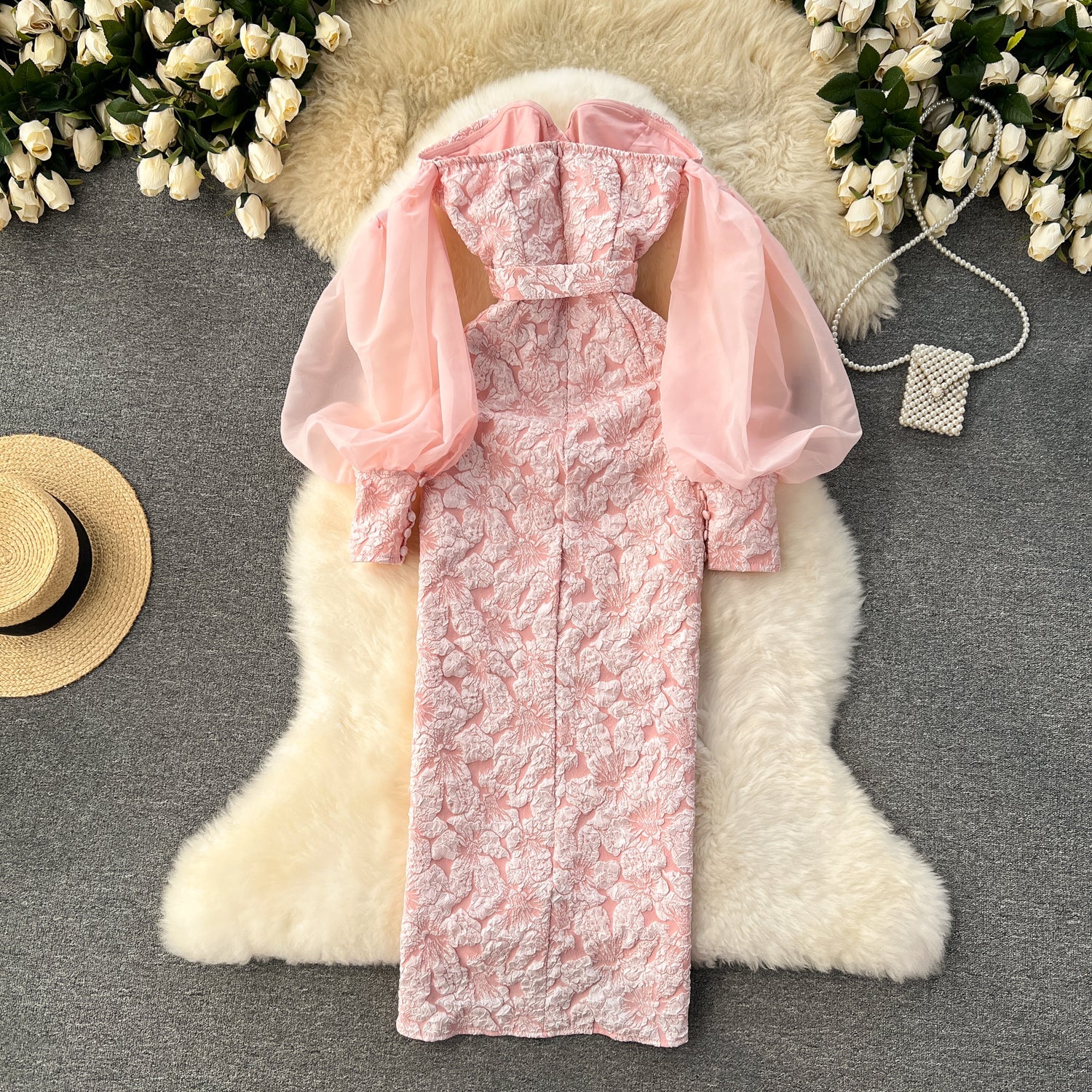 Off-shoulder Flared Sleeve Crochet Dress