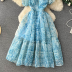 Bubble-sleeve Floral Organza Puffy Dress