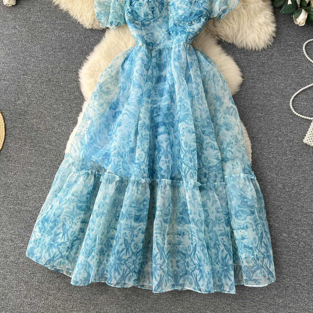 Bubble-sleeve Floral Organza Puffy Dress