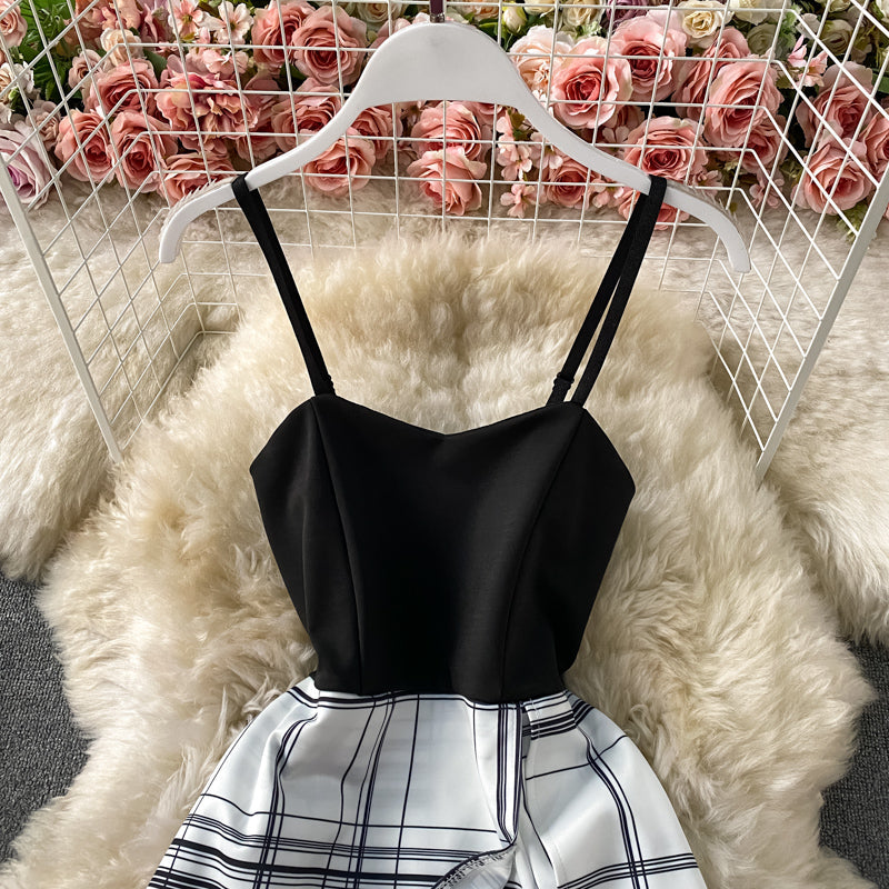 Patchwork Plaid Fake Two-Piece Sling Jumpsuit