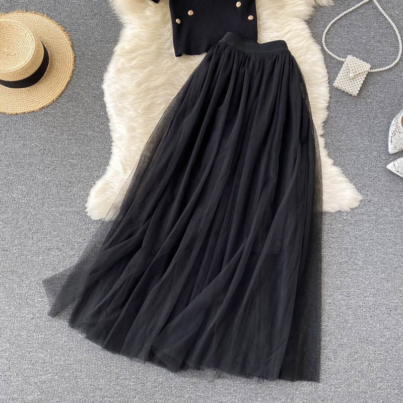 Beaded Knitted Top&Mesh Skirt 2Pcs