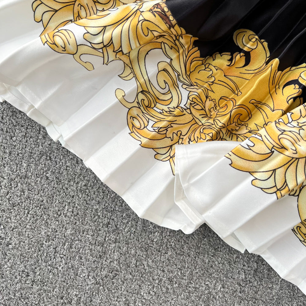 Black Sweater&Printed Pleated Skirt 2Pcs