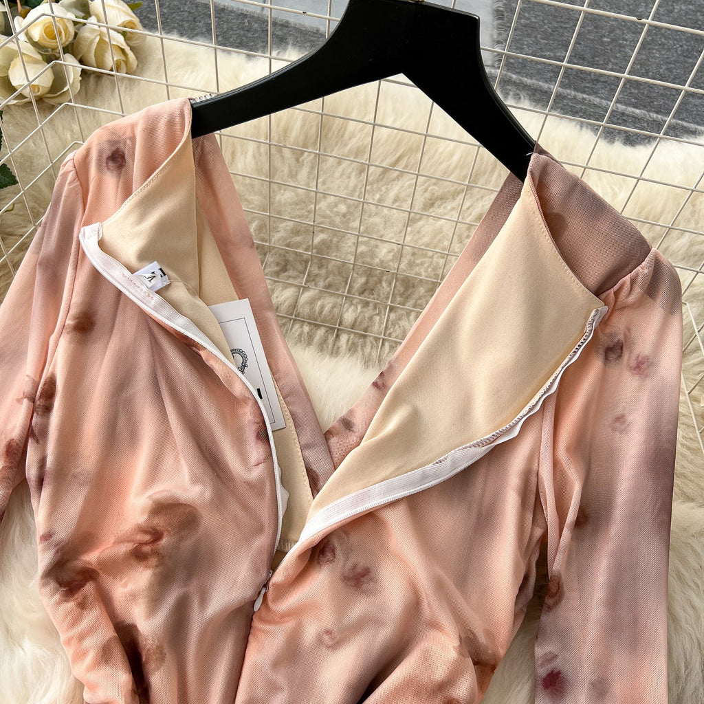 V-neck Pleated Tie-dye Printed Dress